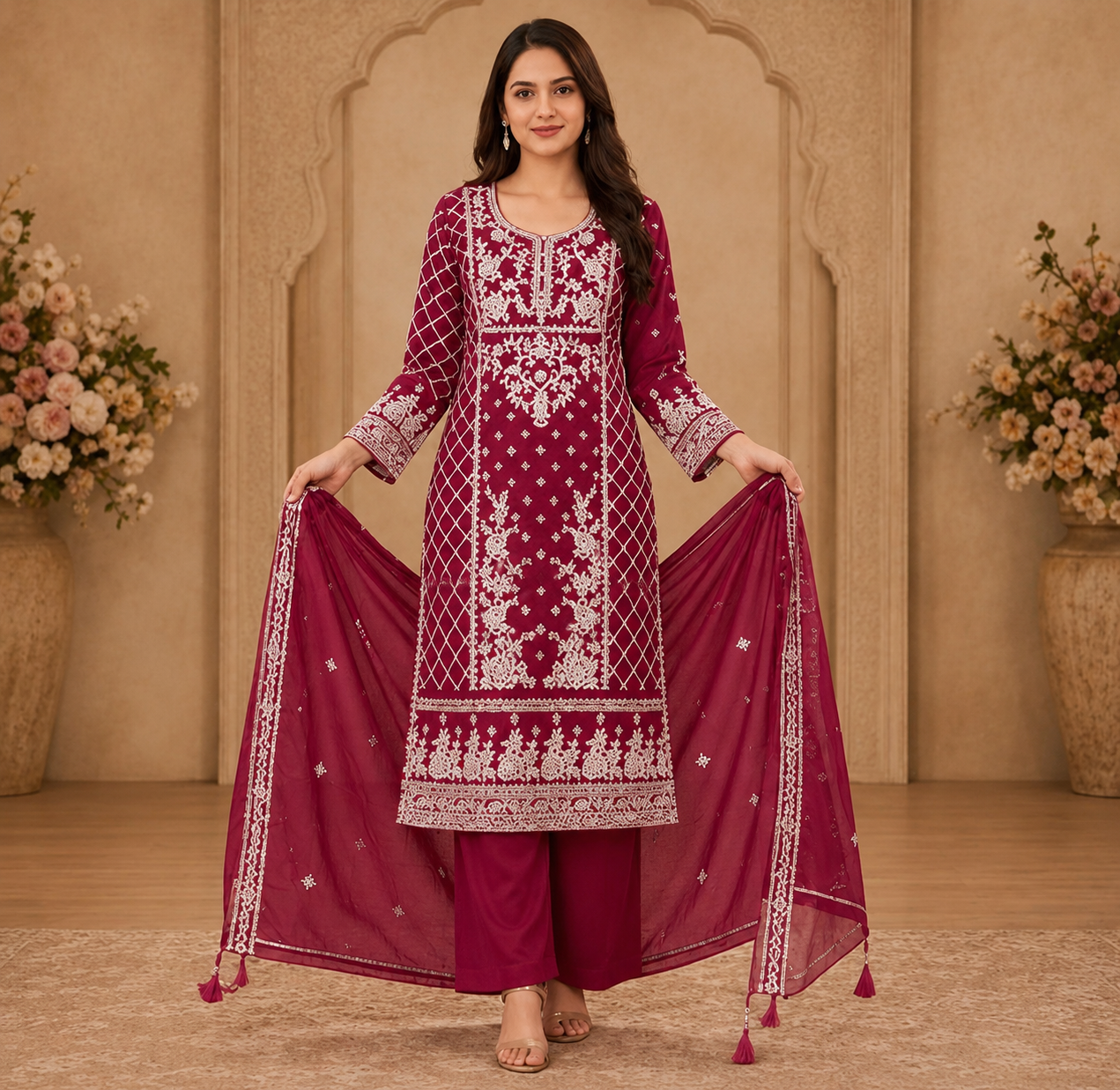 Women's Designer 3-Piece Suit Set – Kurti, Palazzo & Dupatta (Embroidered/Printed) – Party & Festive Wear