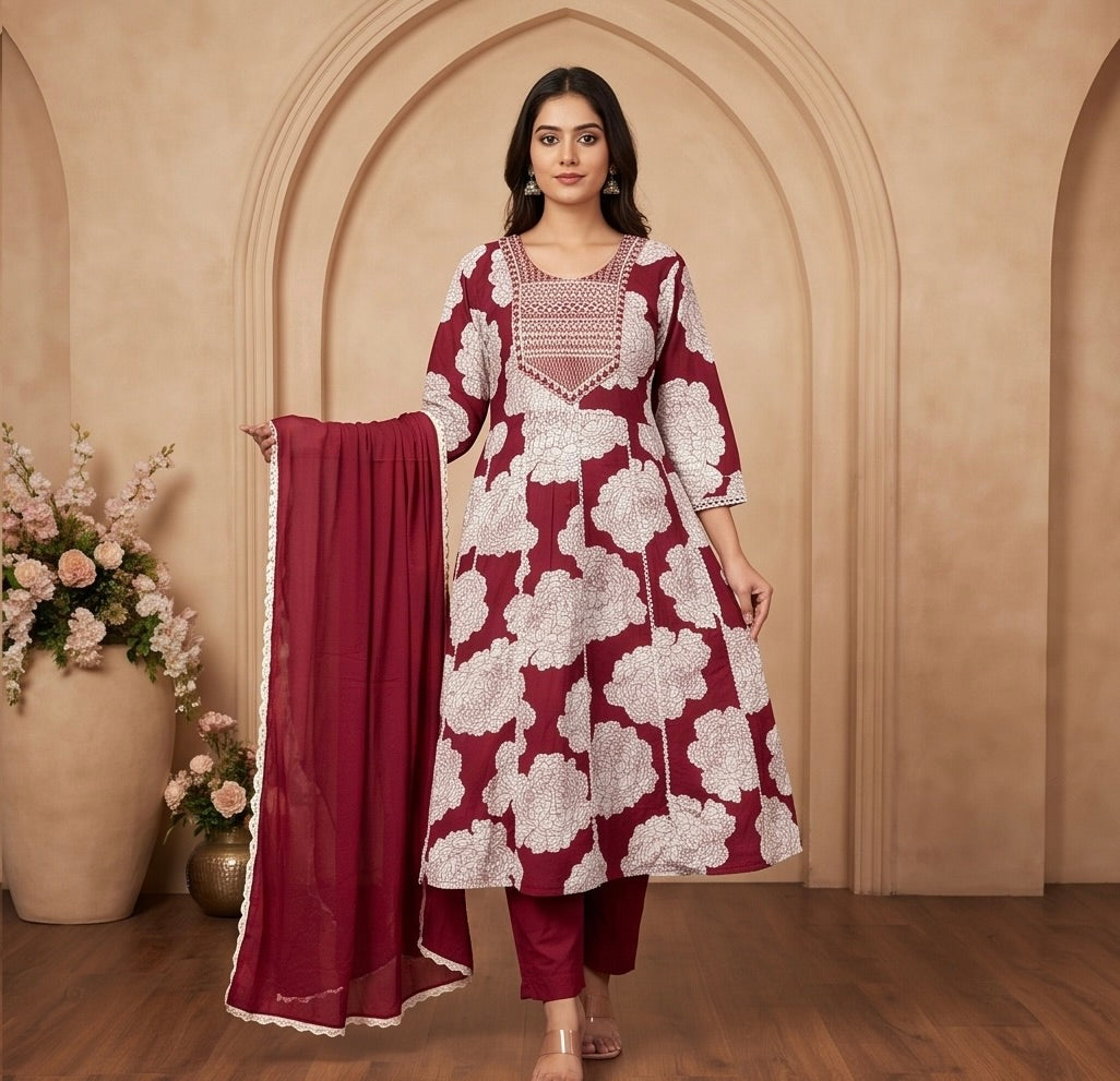 Women's 3-Piece Frock Kurta Set with Palazzo & Dupatta