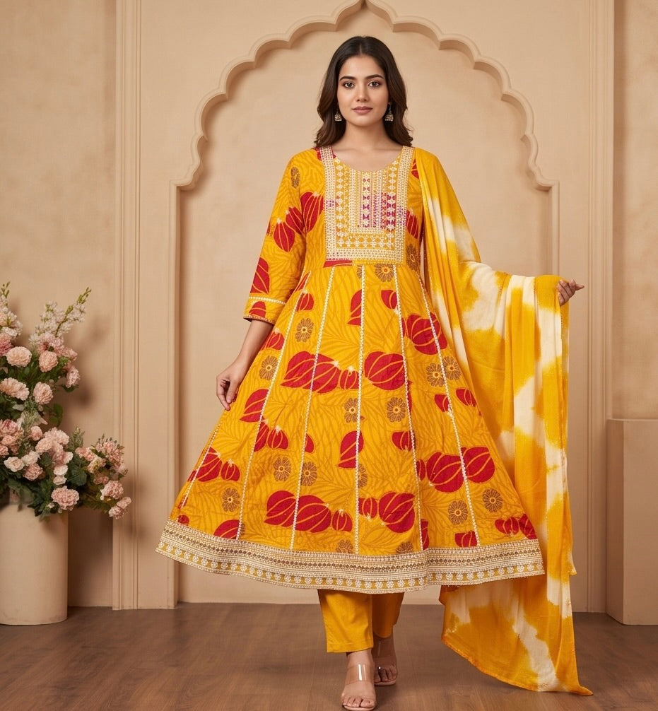 Women's 3-Piece Frock Kurta Set with Palazzo & Dupatta