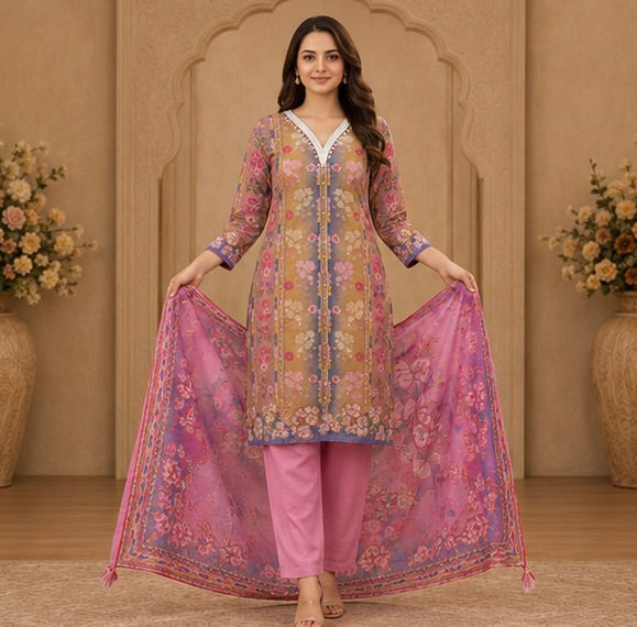 Women's 3-Piece Kurta Set with Palazzo & Dupatta