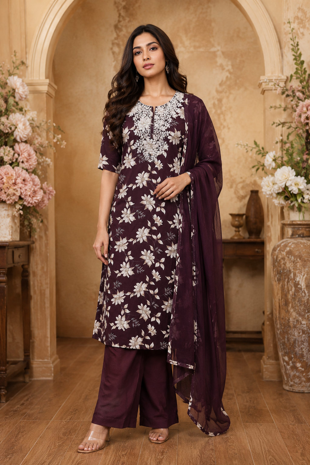 Women's 3-Piece Kurta Set with Palazzo & Dupatta