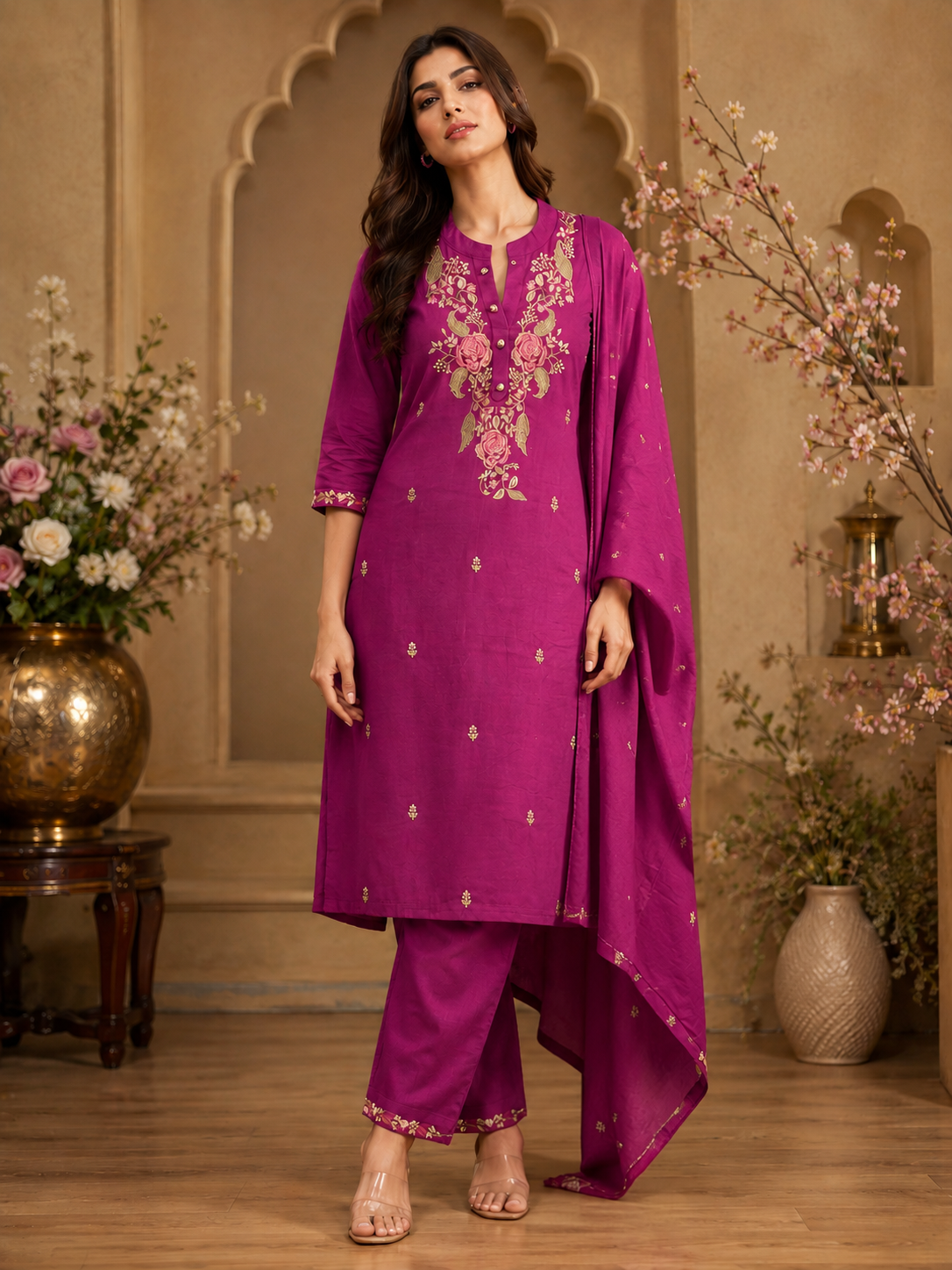 Women's 3-Piece Kurta Set with Palazzo & Dupatta