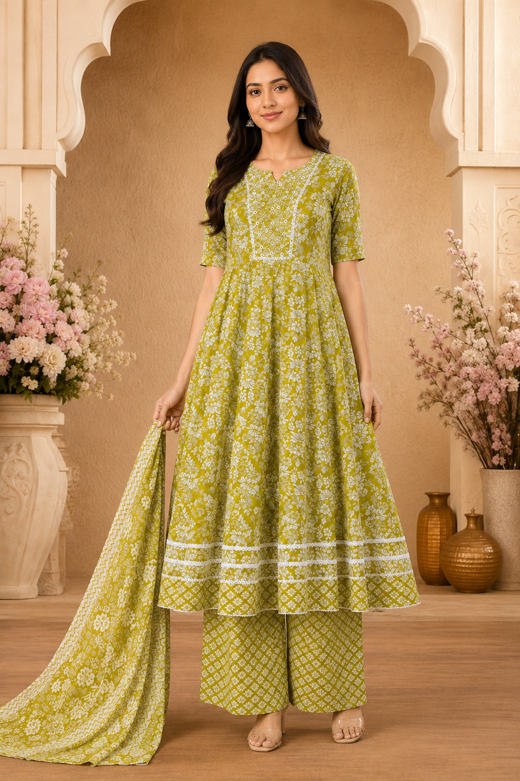 Women's 3-Piece Frock Kurta Set with Palazzo & Dupatta