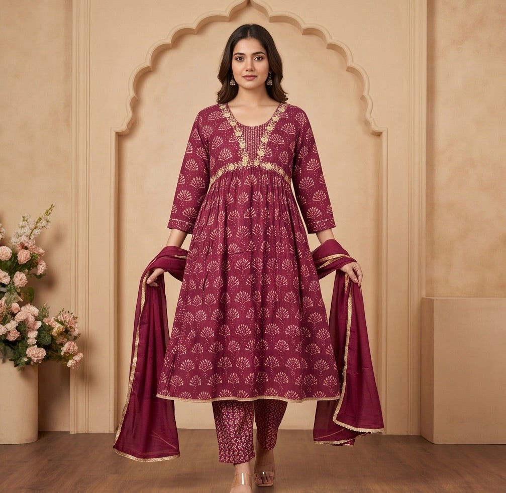 Women's 3-Piece Nyra Cut Frock Kurta Set with Palazzo & Dupatta