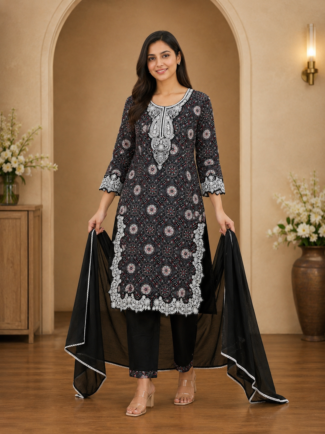 Women's 3-Piece Kurta Set with Palazzo & Dupatta