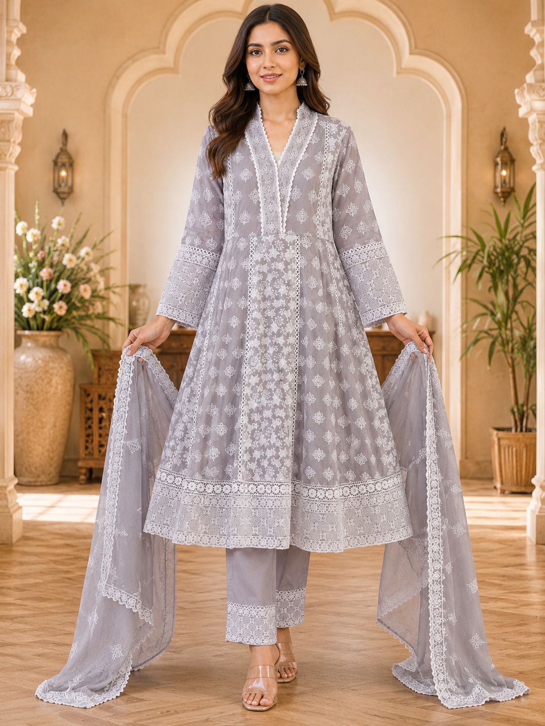 Women's 3-Piece Frock Kurta Set with Palazzo & Dupatta