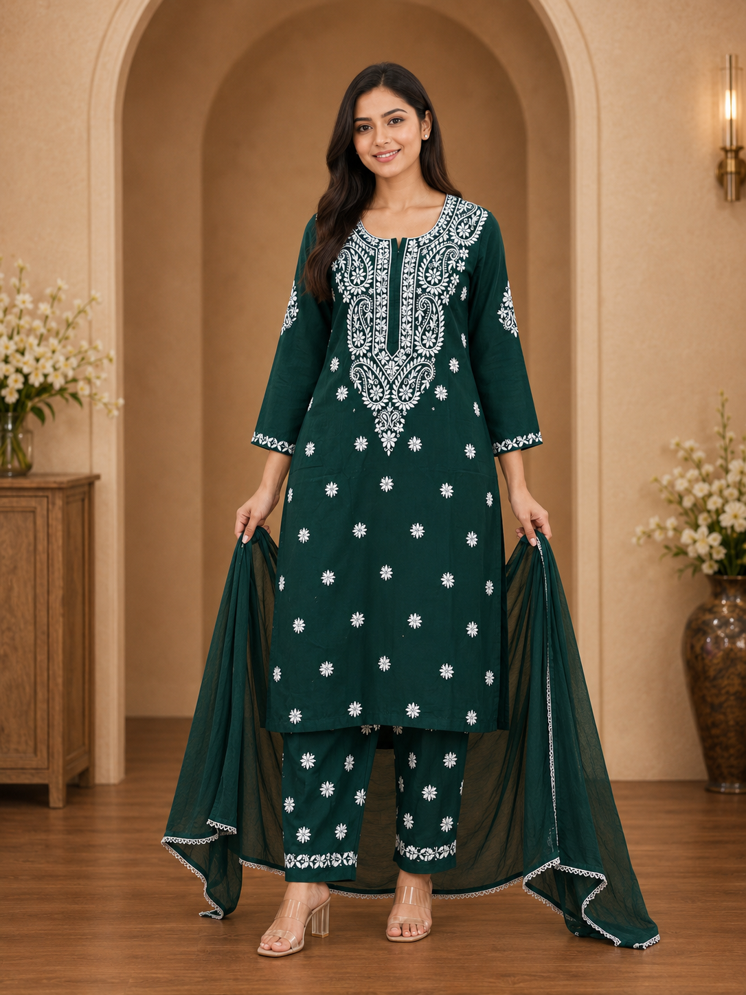 Women's 3-Piece Lakhnawi Kurta Set with Palazzo & Dupatta