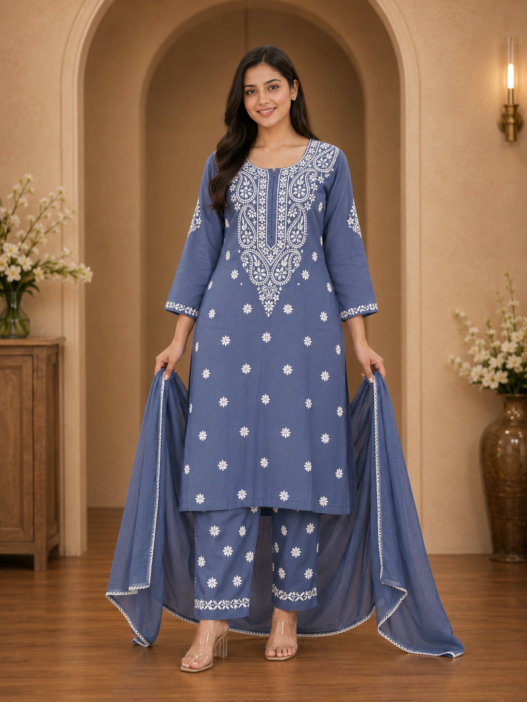 Women's 3-Piece Lakhnawi Kurta Set with Palazzo & Dupatta