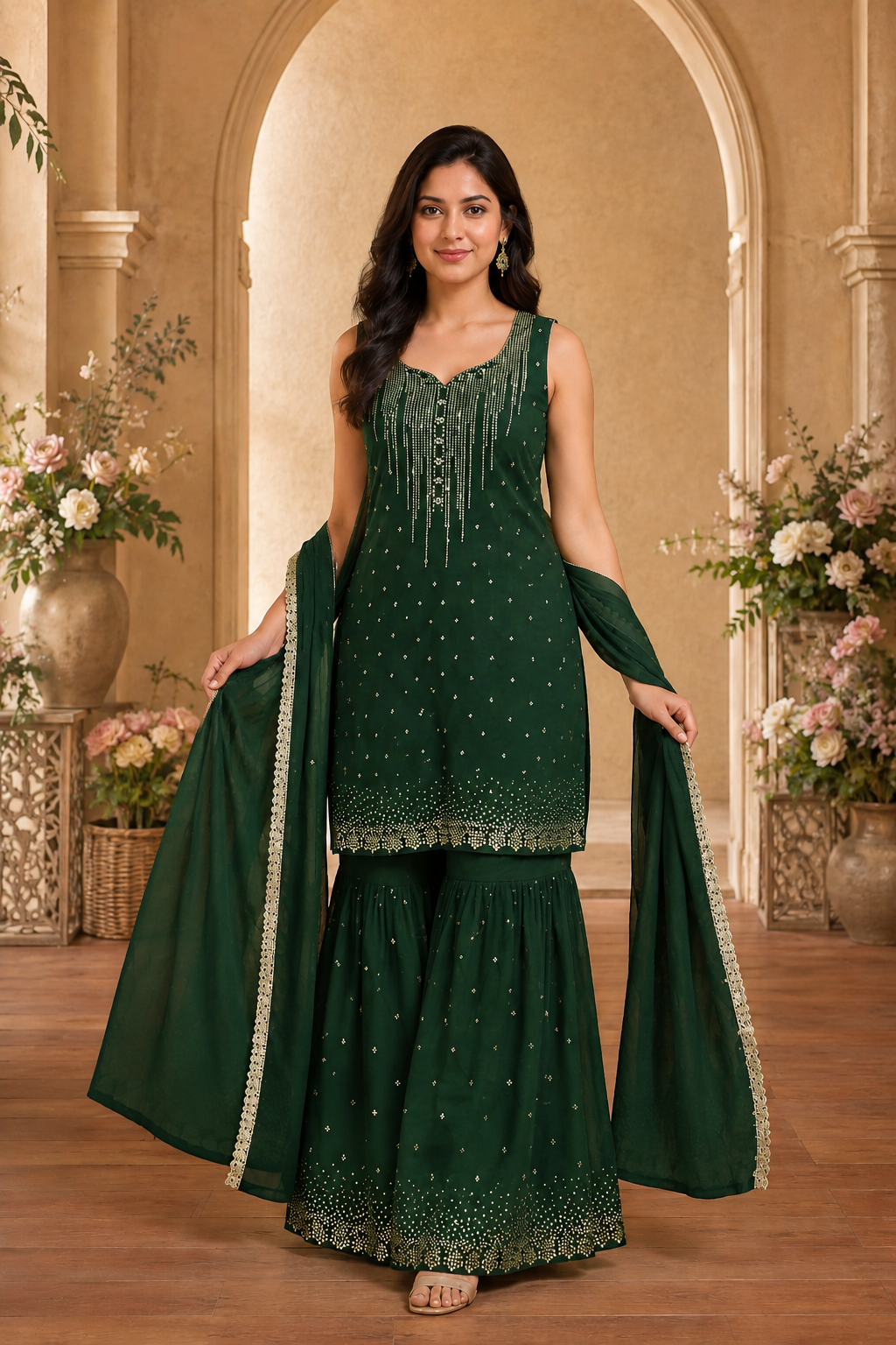 Women's Designer 3-Piece Kurta Set with Sharara & Dupatta