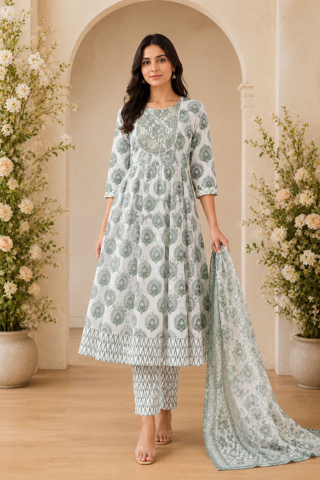 Women's 3-Piece Frock Kurta Set with Palazzo & Dupatta