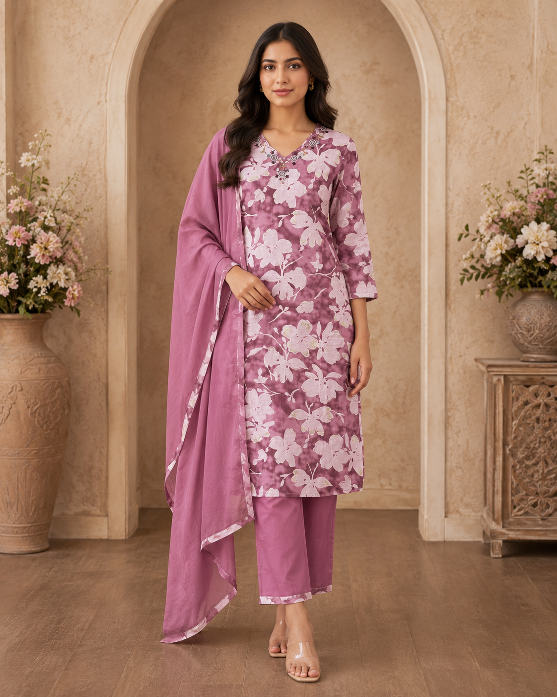 Women's 3-Piece Kurta Set with Palazzo & Dupatta