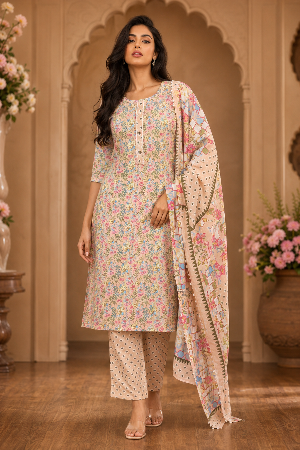 Women's 3-Piece Kurta Set with Palazzo & Dupatta