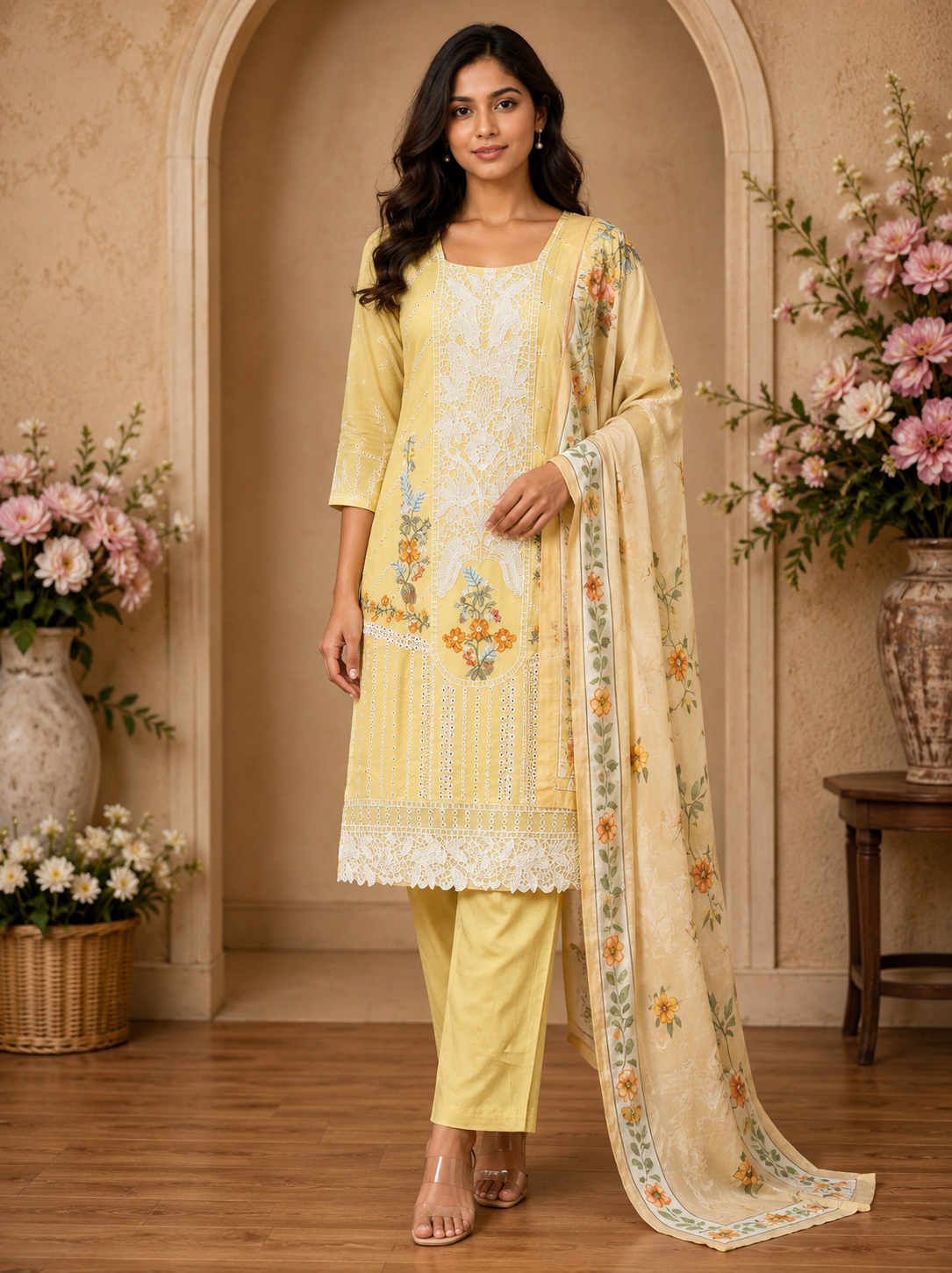 Women's 3-Piece Kurta Set with Palazzo & Dupatta
