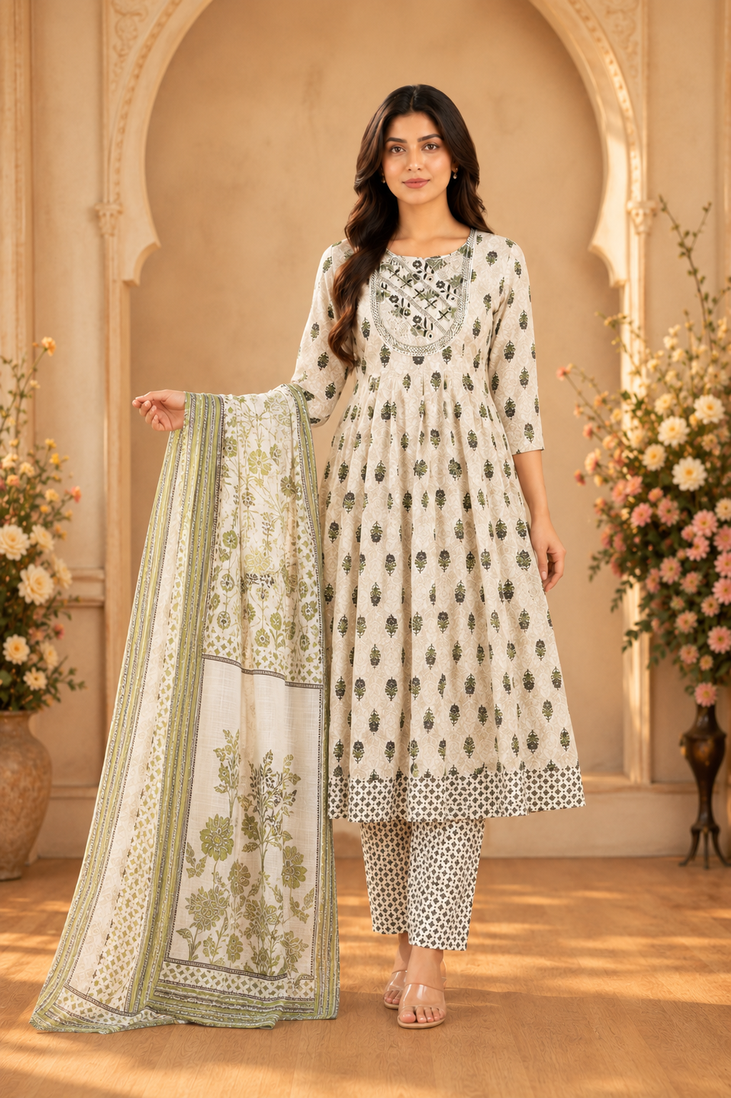 Women's 3-Piece Frock Kurta Set with Palazzo & Dupatta