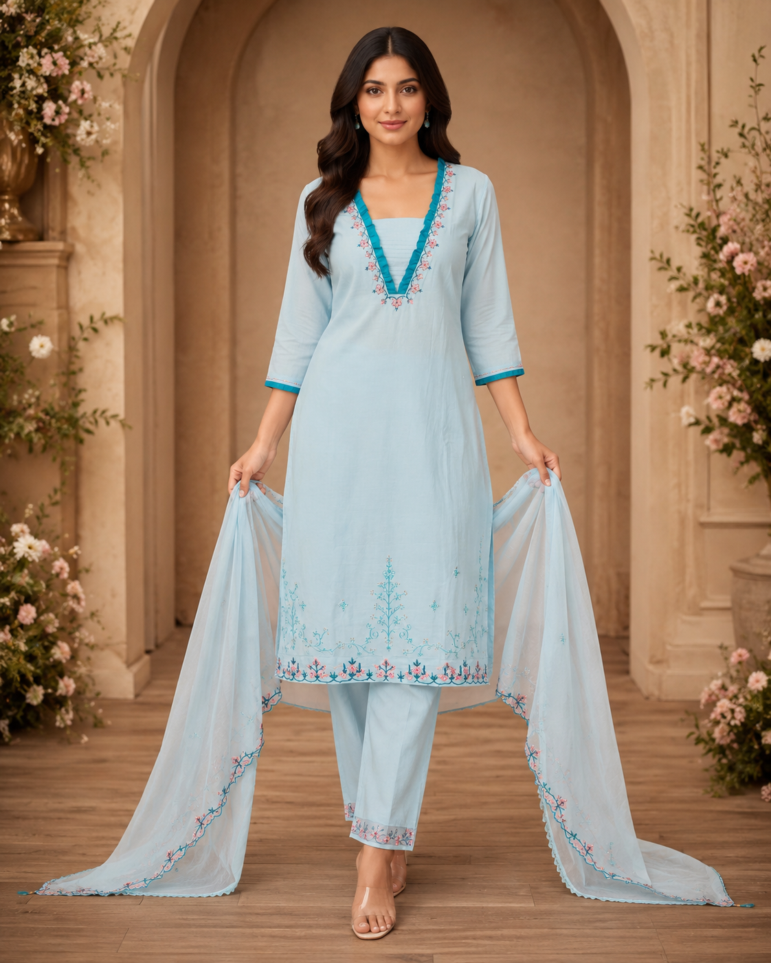 Women's 3-Piece Kurta Set with Palazzo & Dupatta