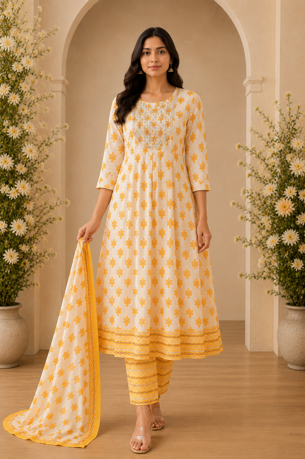 Women's 3-Piece Frock Kurta Set with Palazzo & Dupatta