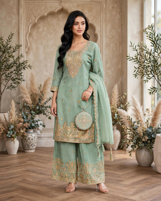 Women's 3-Piece Kurta Set with Palazzo, Duppata And Purse