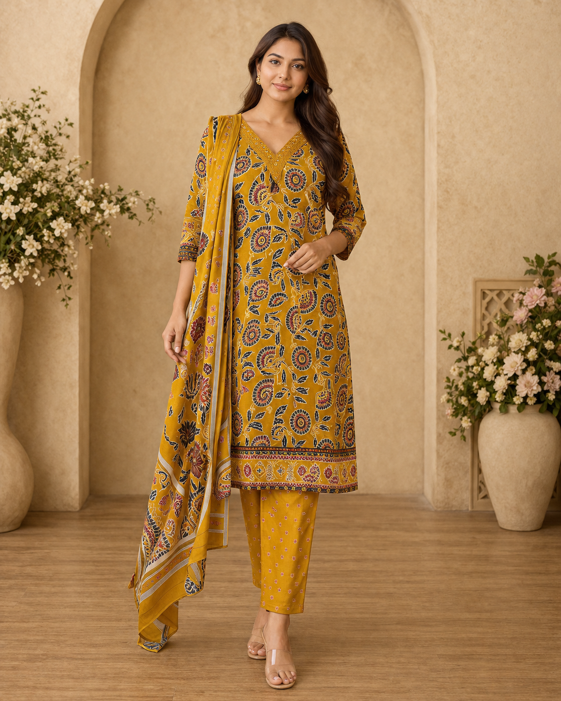 Women's 3-Piece Kurta Set with Palazzo & Dupatta