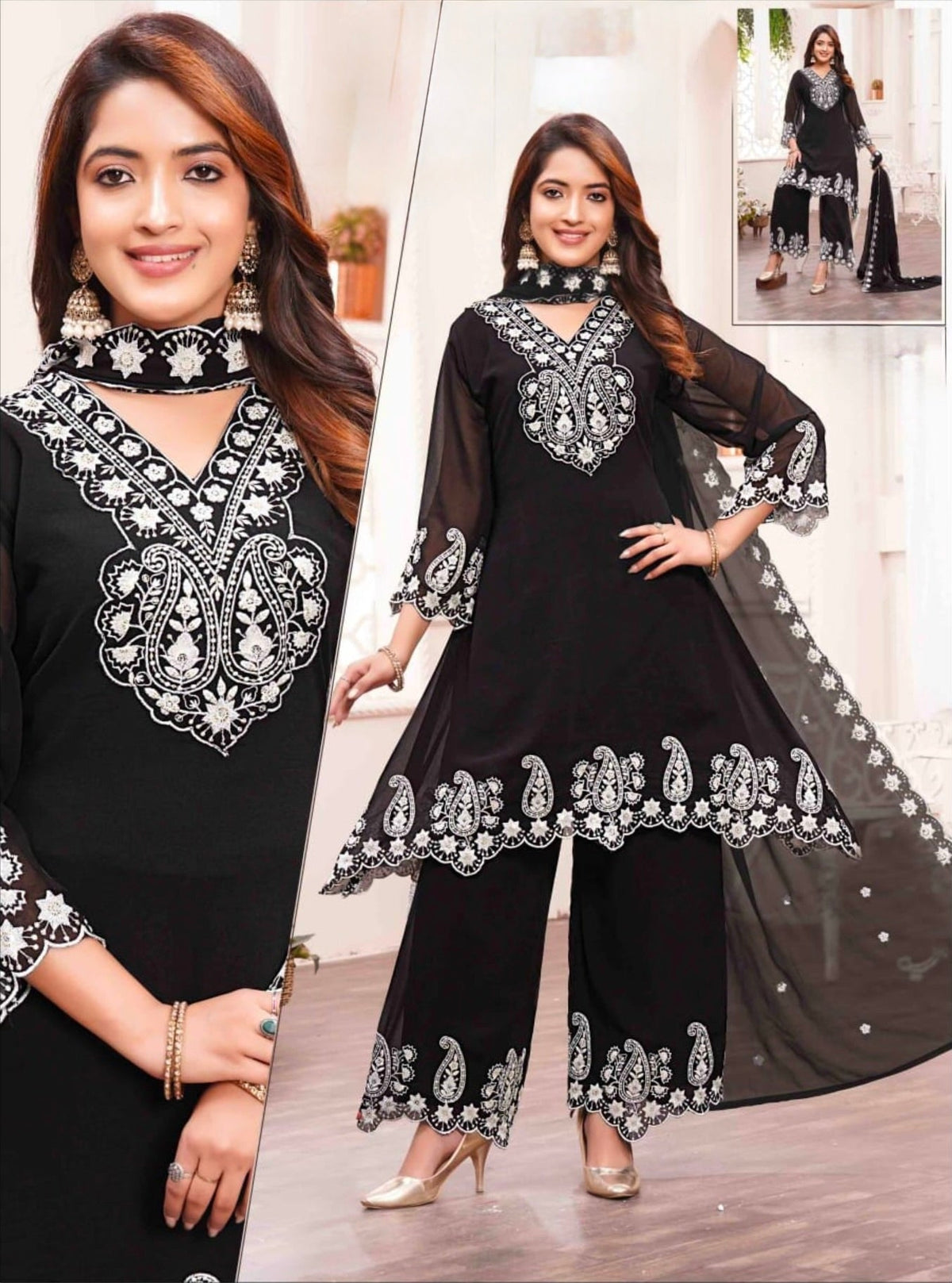 Women's 3-Piece Kurta Set with Palazzo & Dupatta