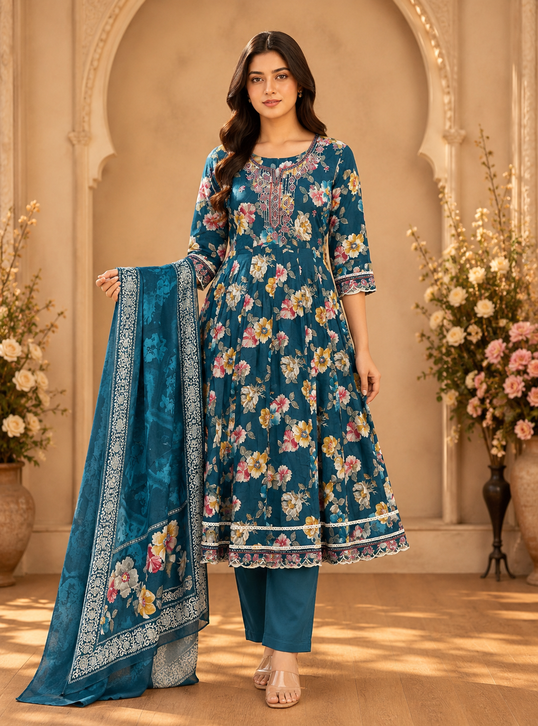 Women's 3-Piece Frock Kurta Set with Palazzo & Dupatta