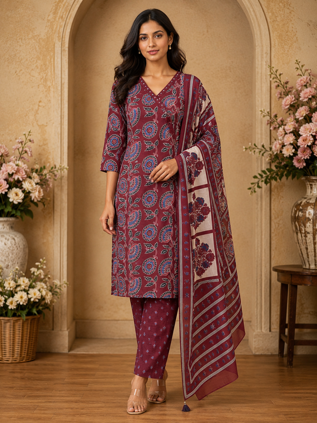 Women's 3-Piece Kurta Set with Palazzo & Dupatta