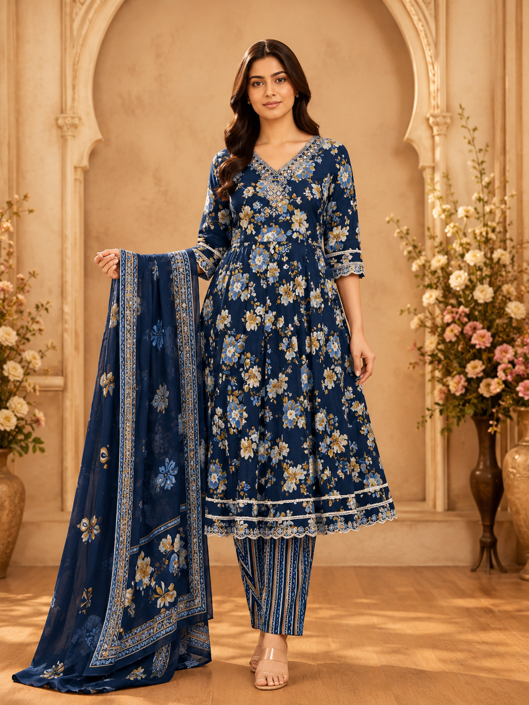 Women's 3-Piece Frock Kurta Set with Palazzo & Dupatta
