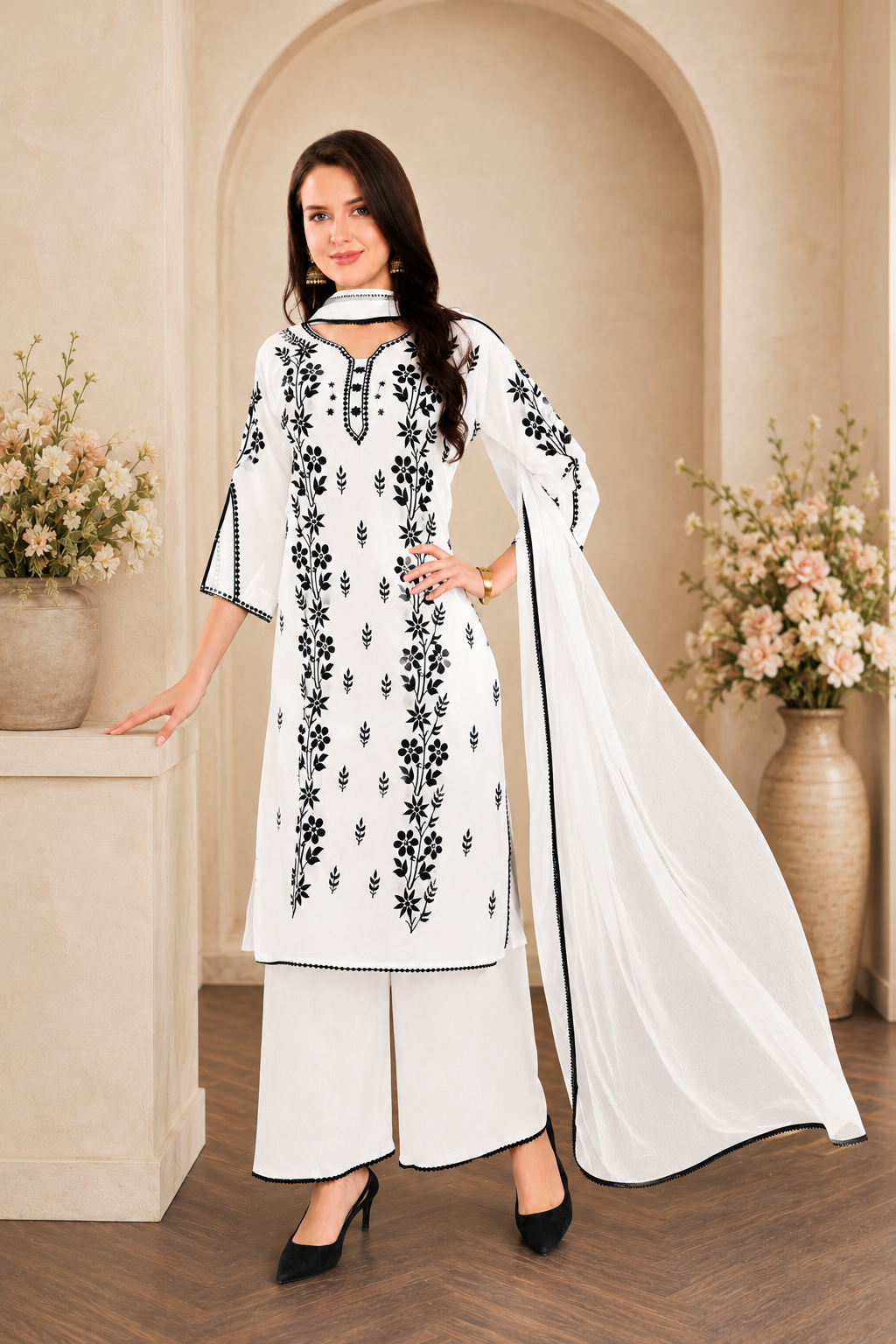 Women's 3-Piece Kurta Set with Palazzo & Dupatta