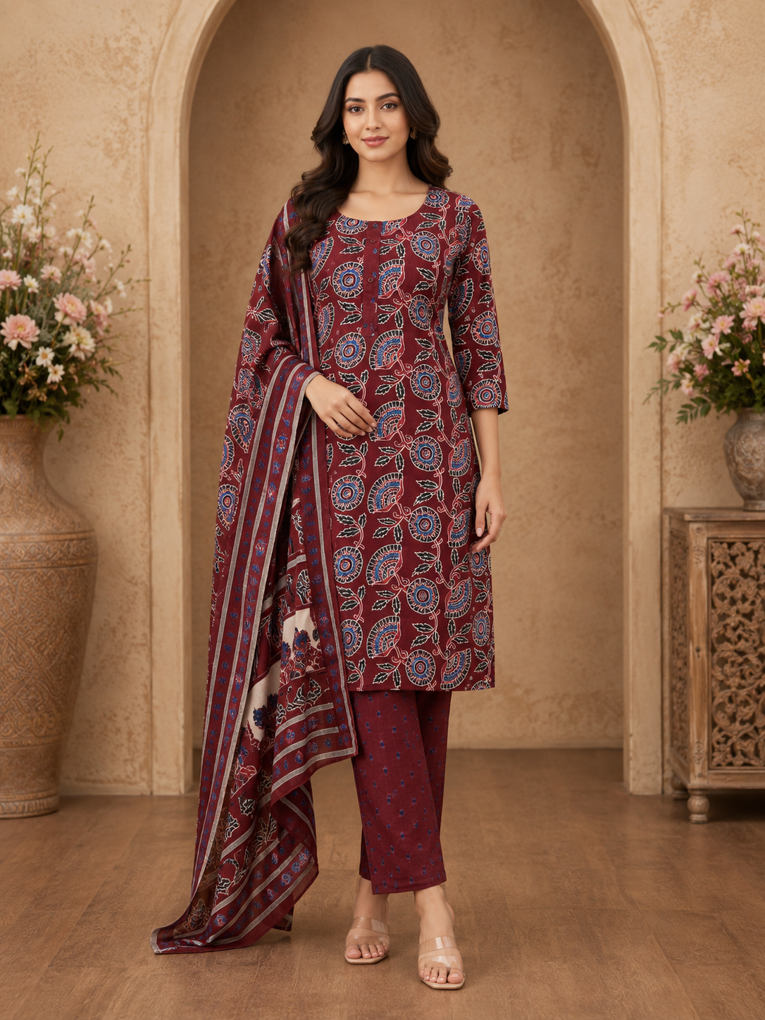 Women's 3-Piece Kurta Set with Palazzo & Dupatta