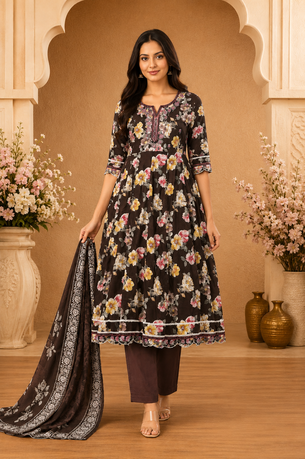 Women's 3-Piece Frock Kurta Set with Palazzo & Dupatta