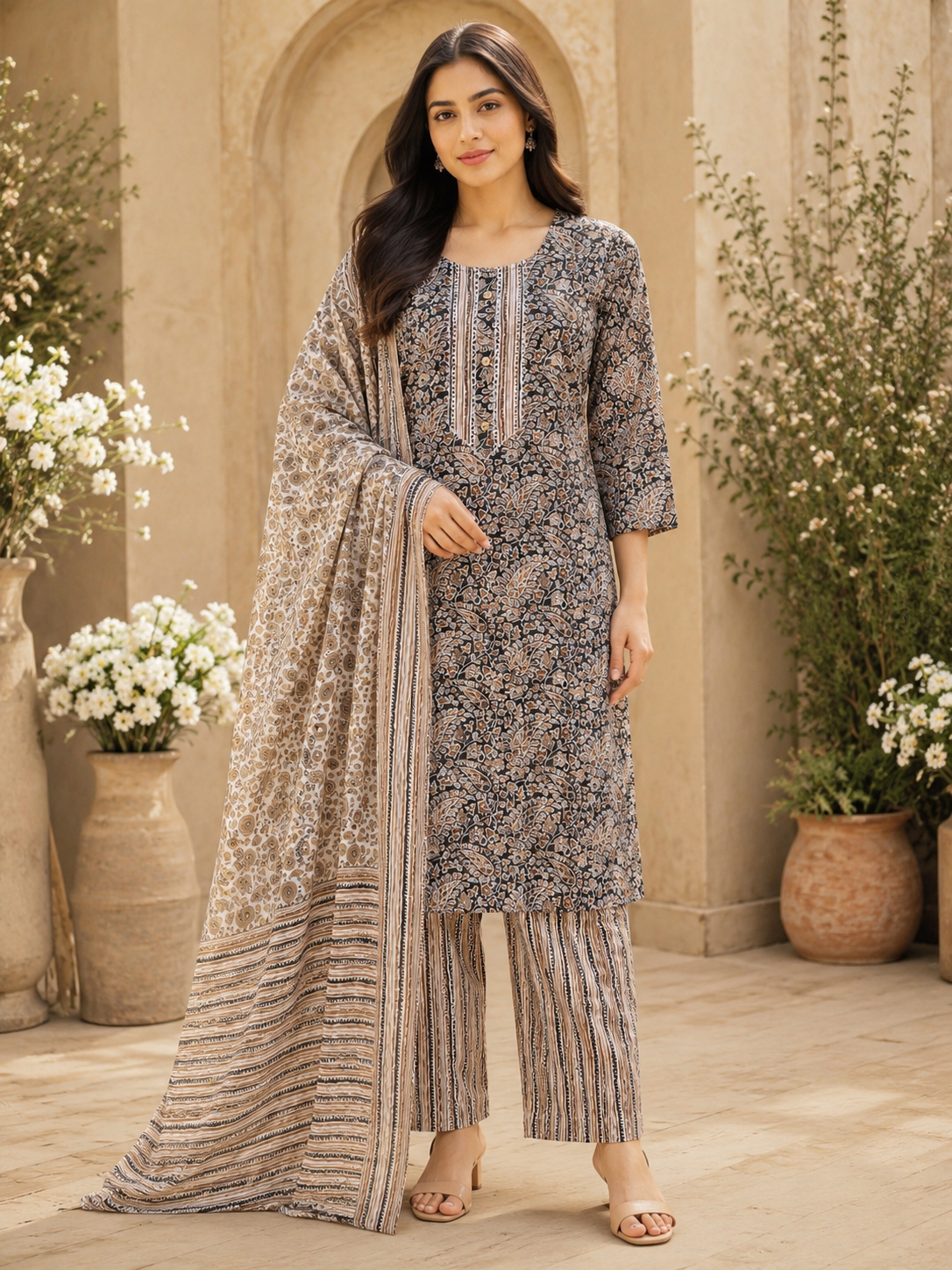 Women's 3-Piece Kurta Set with Palazzo & Dupatta
