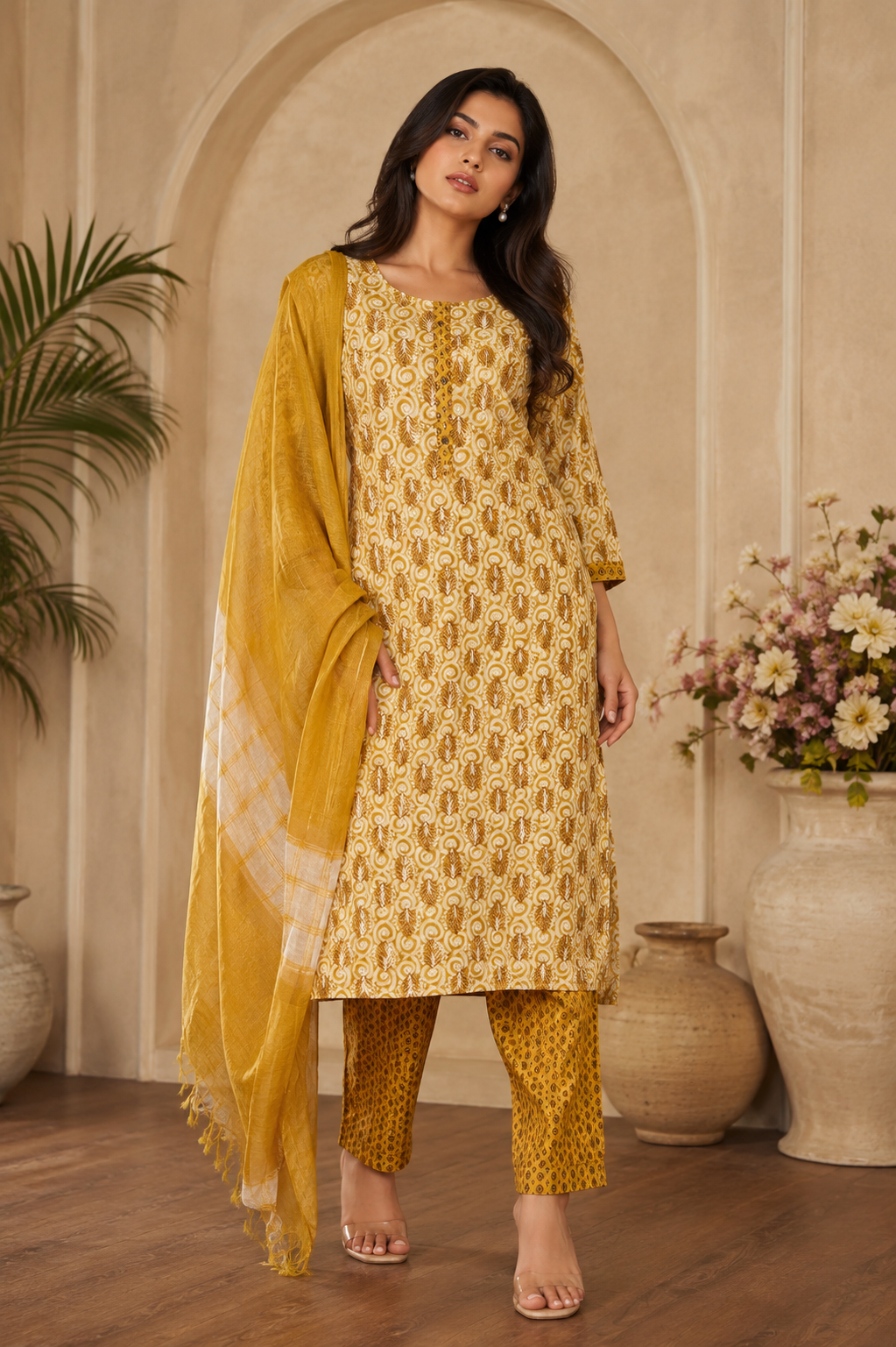 Women's 3-Piece Kurta Set with Palazzo & Dupatta