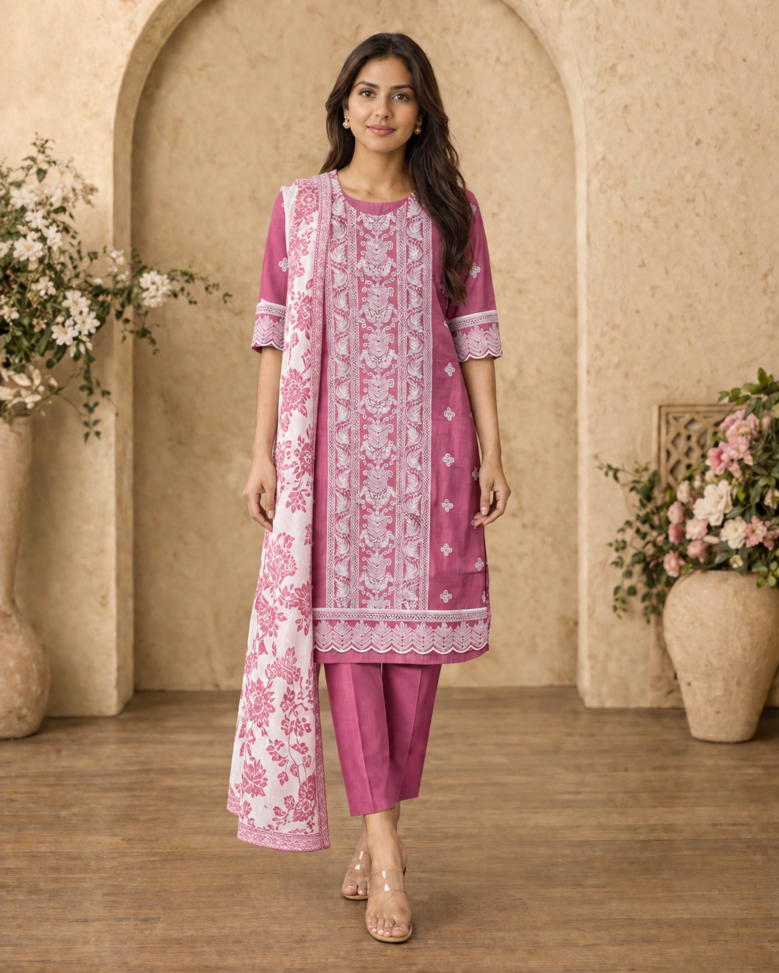 Women's 3-Piece Kurta Set with Palazzo & Dupatta