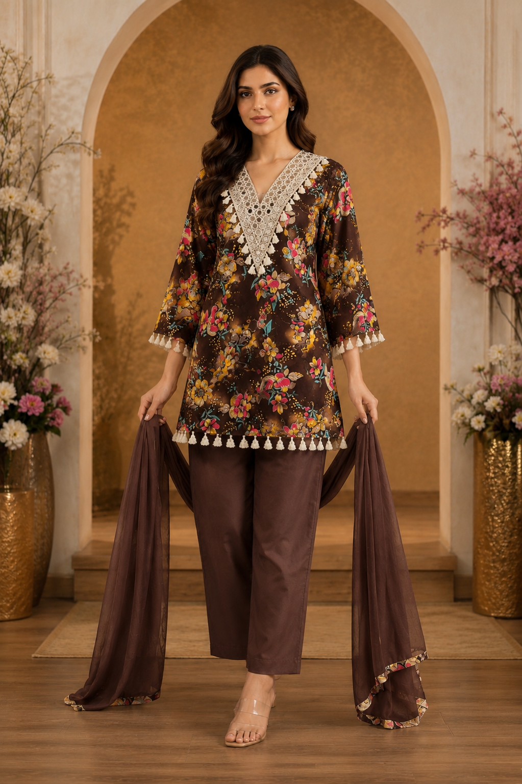 Women's 3-Piece Kurta Set with Farshi Salwar & Dupatta