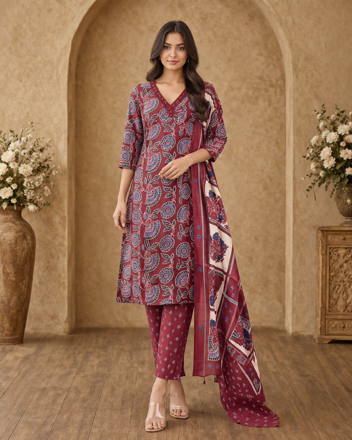 Women's 3-Piece Kurta Set with Palazzo & Dupatta