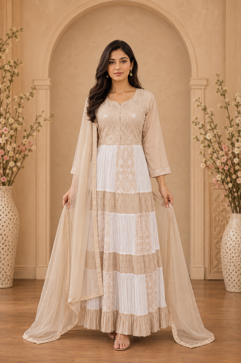 Women's 3-Piece Frock Kurta Set with Palazzo & Dupatta