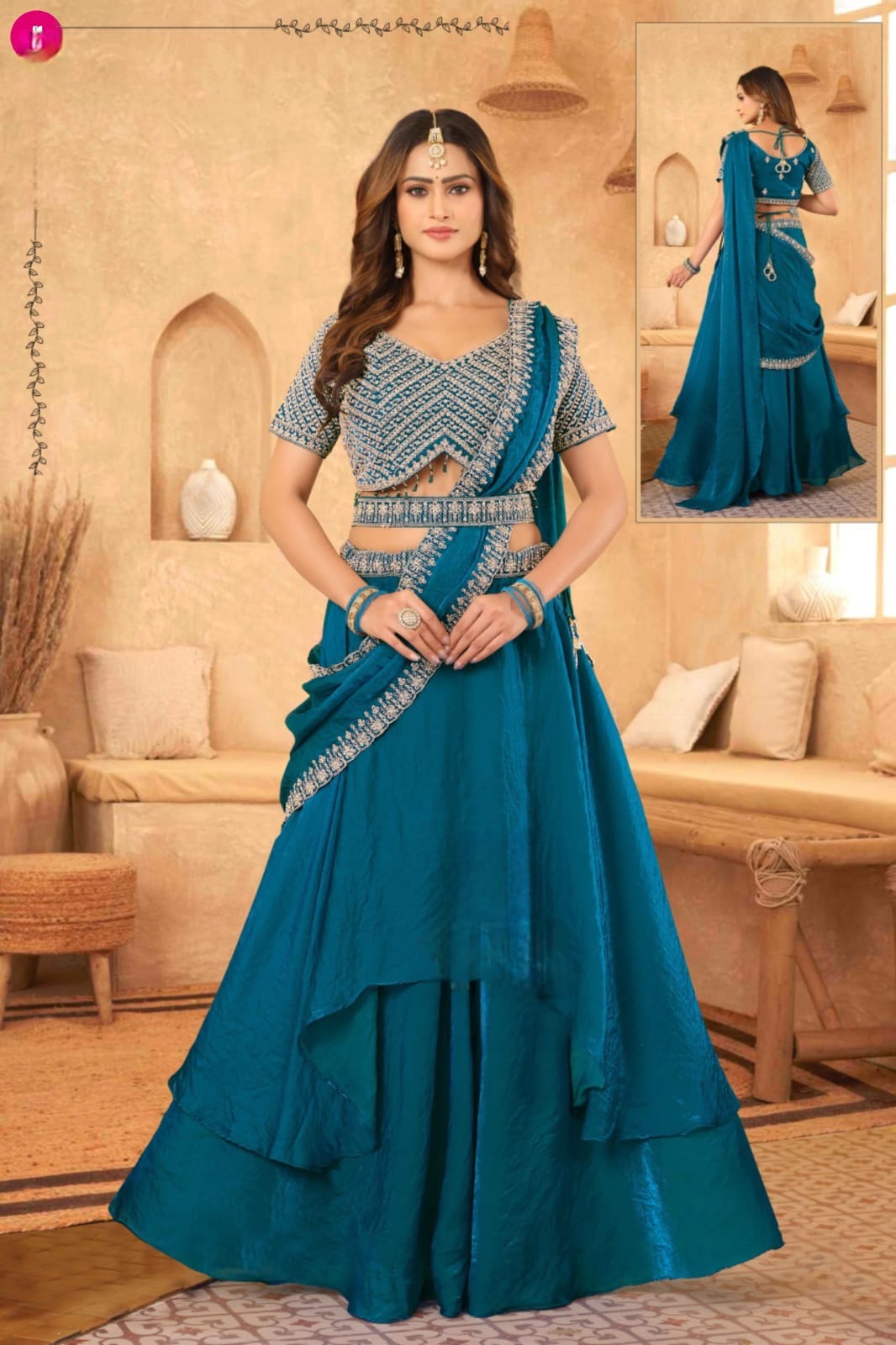 Royal Teal Embroidered Ready-to-Wear Lehenga Saree with Designer Blouse
