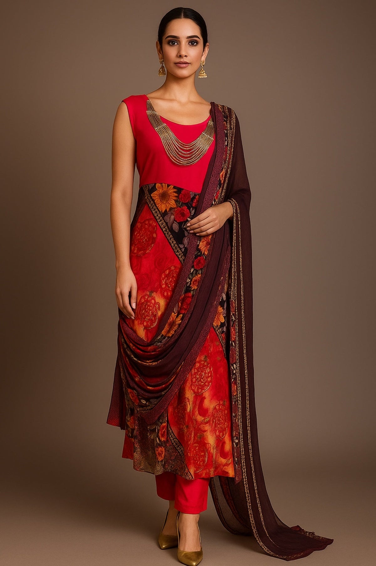 Women's 3-Piece Frock Kurta Set with Palazzo & Dupatta