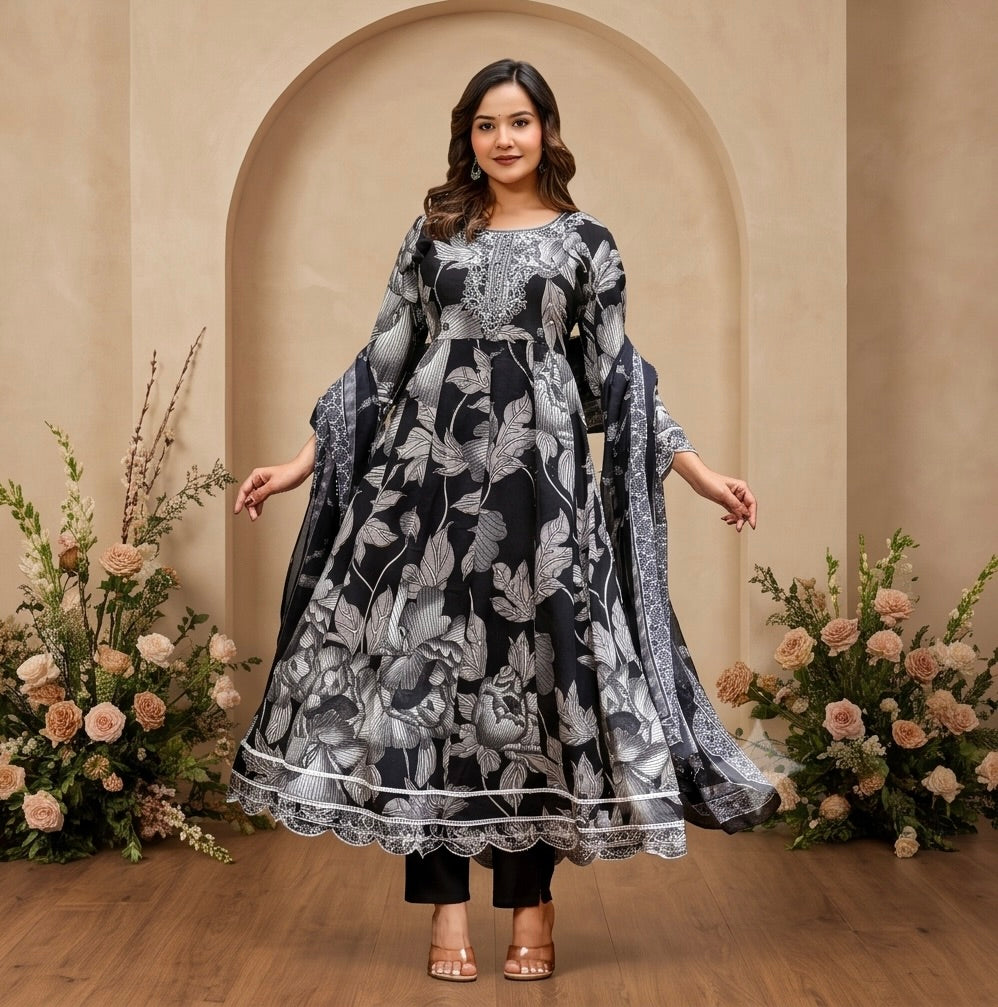 Women's 3-Piece Frock Kurta Set with Palazzo & Dupatta