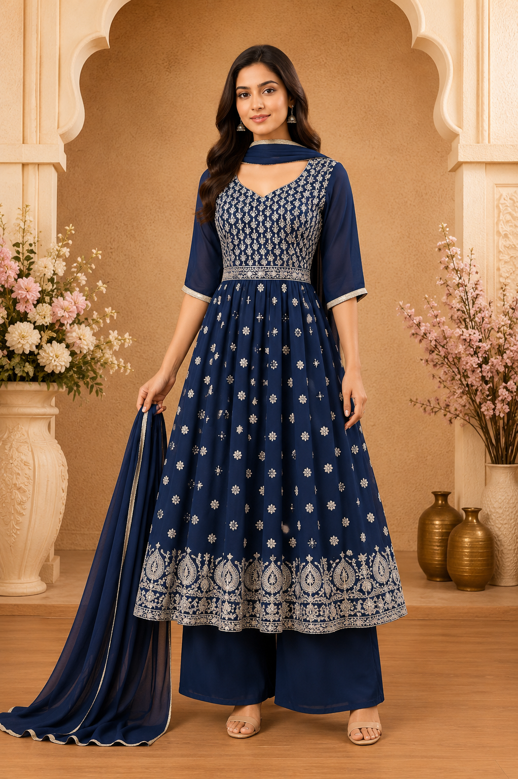Women's 3-Piece Frock Kurta Set with Palazzo & Dupatta