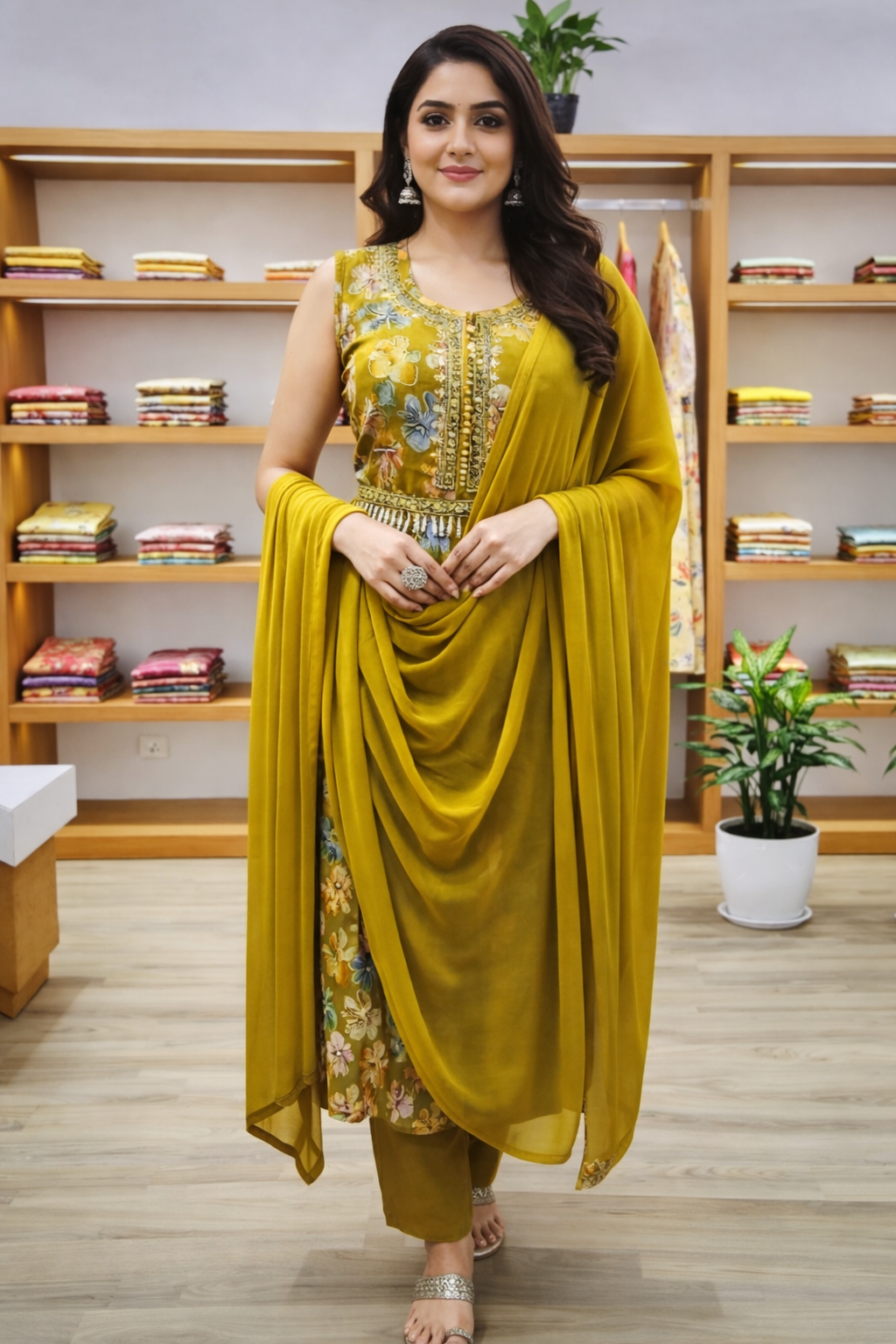 Women's 3-Piece Frock Kurta Set with Palazzo & Dupatta