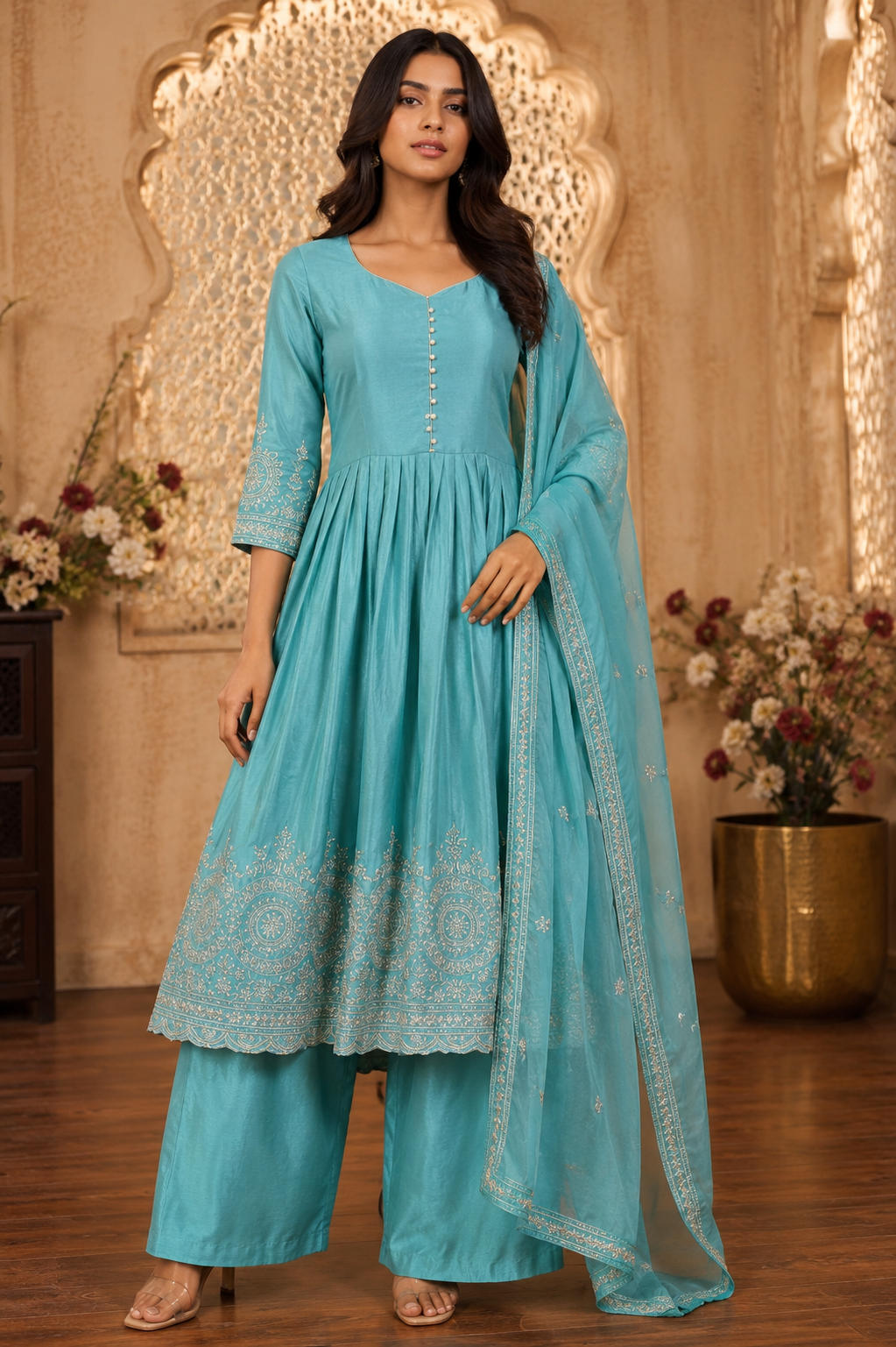 Women's 3-Piece Frock Suit Set with Palazzo & Dupatta
