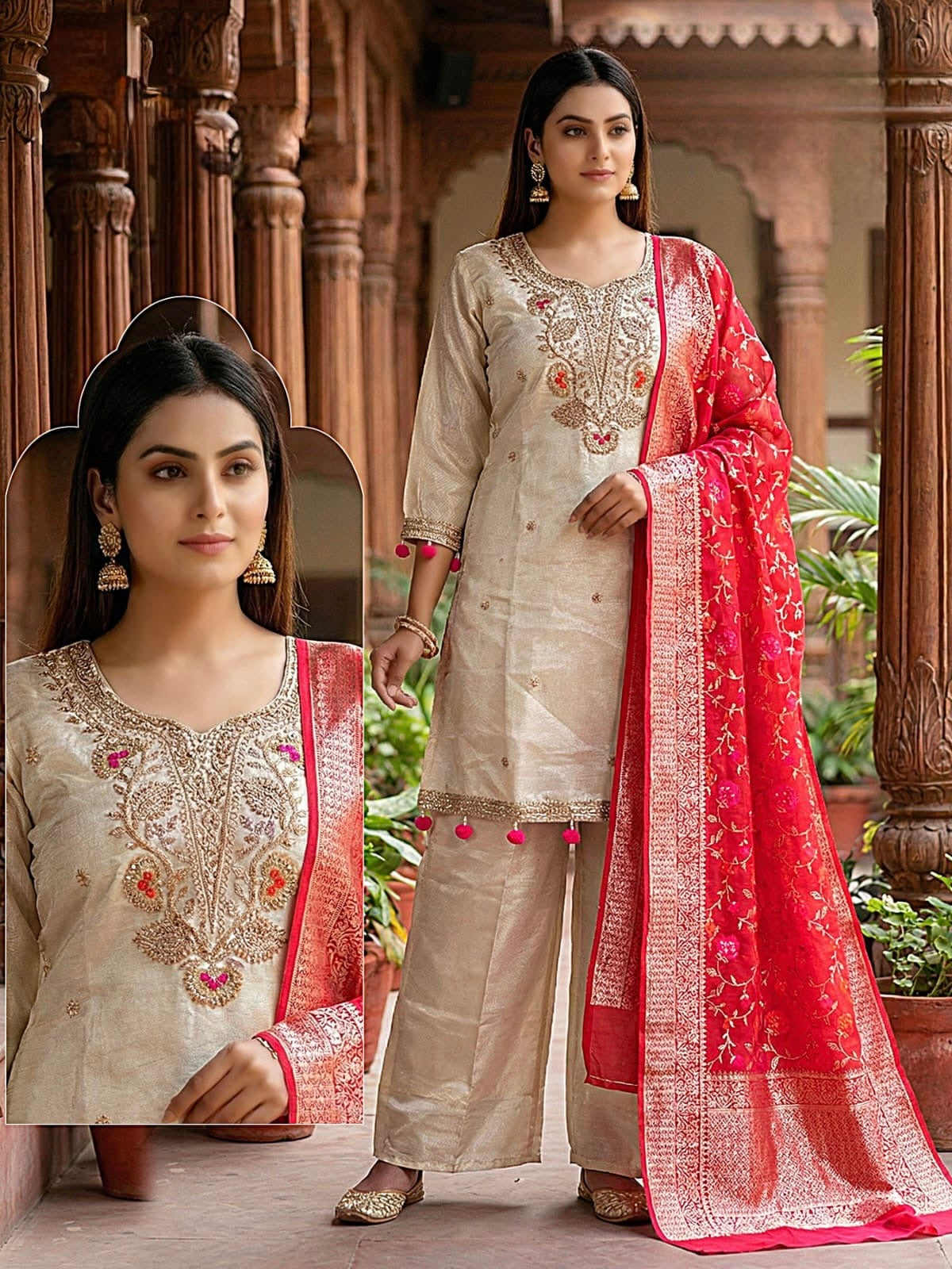 Women's 3-Piece Kurta Set with Palazzo & Dupatta
