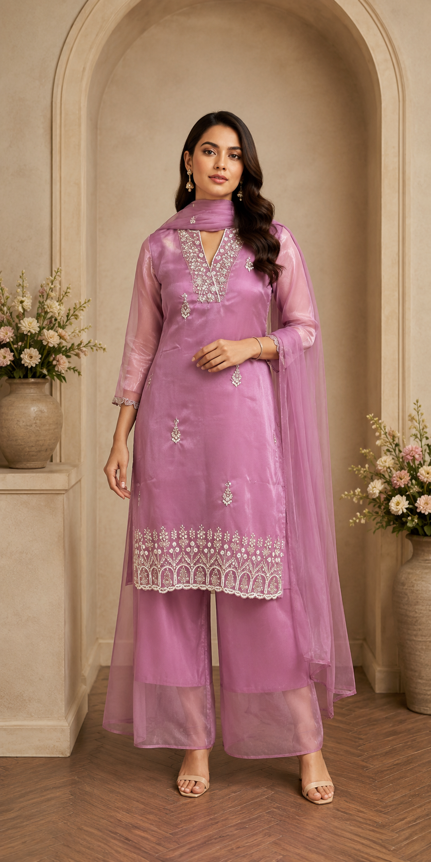 Women's 3-Piece Kurta Set with Palazzo & Dupatta