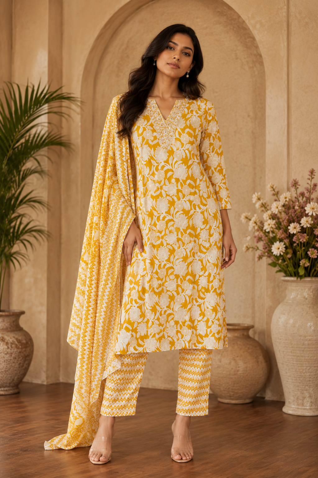 Women's 3-Piece Kurta Set with Palazzo & Dupatta
