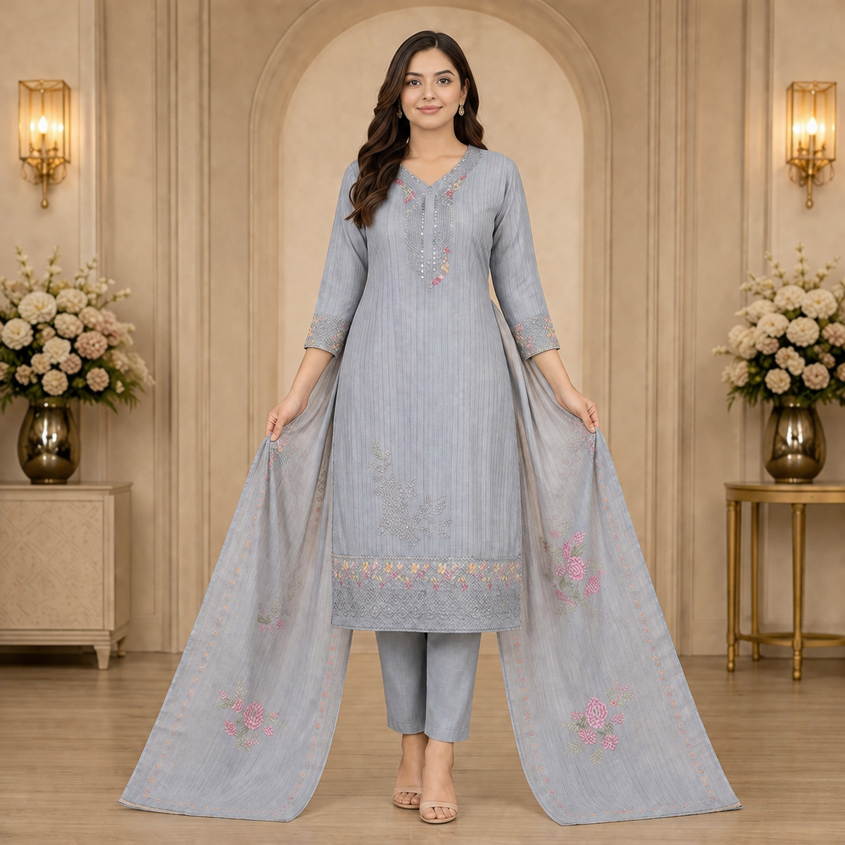 Women's 3-Piece Kurta Set with Palazzo & Dupatta