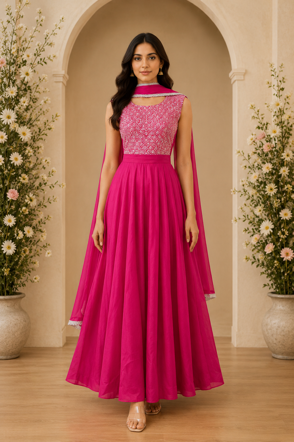 Women's 3-Piece Frock Kurta Set with Palazzo & Dupatta