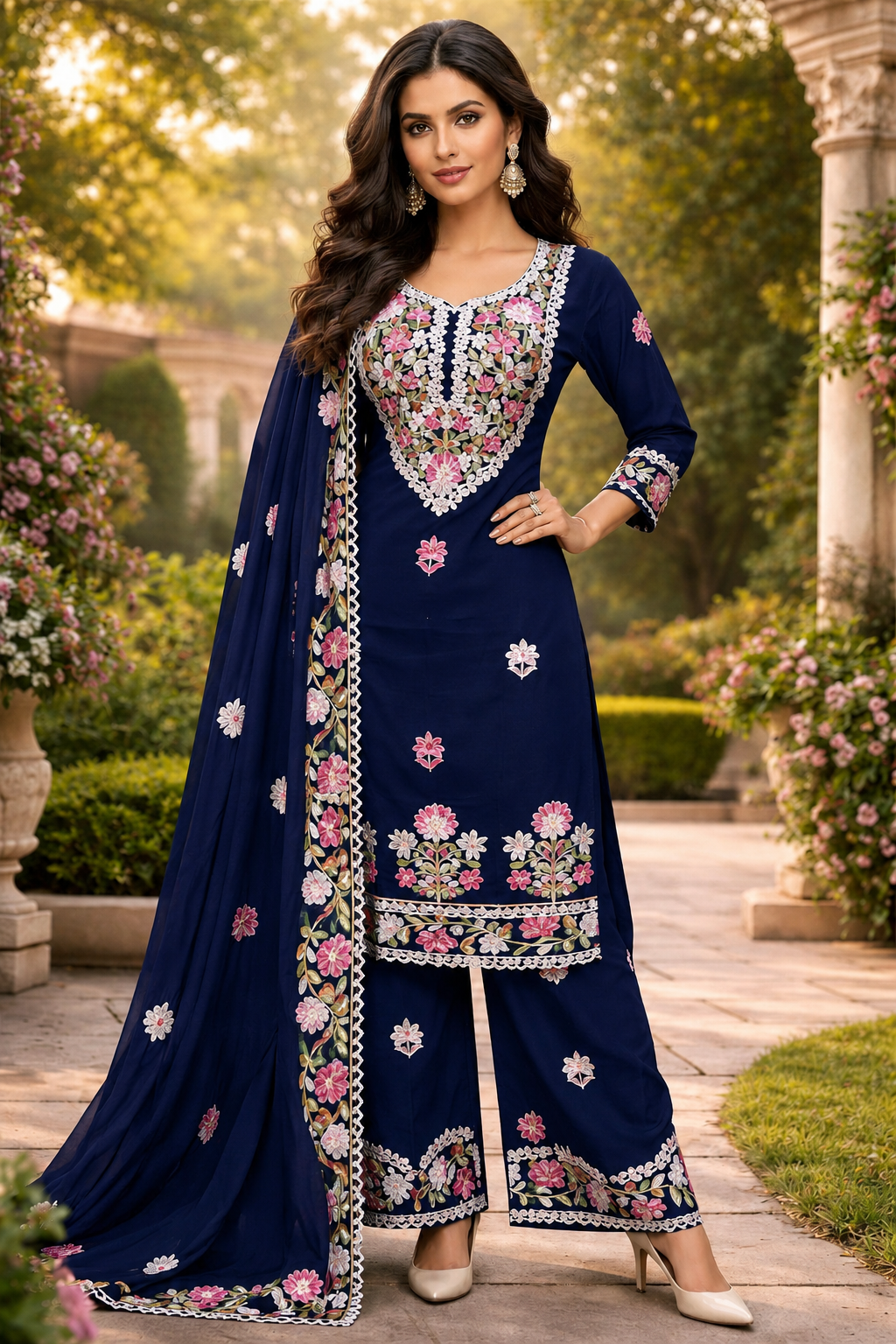 Women's 3-Piece Kurta Set with Palazzo & Dupatta