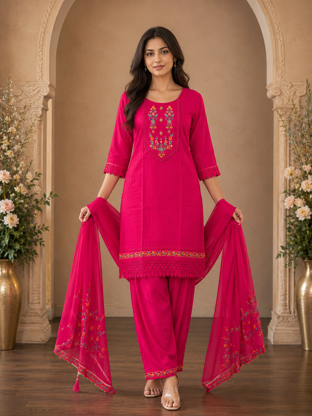 Women's 3-Piece Kurta Set with Palazzo & Dupatta