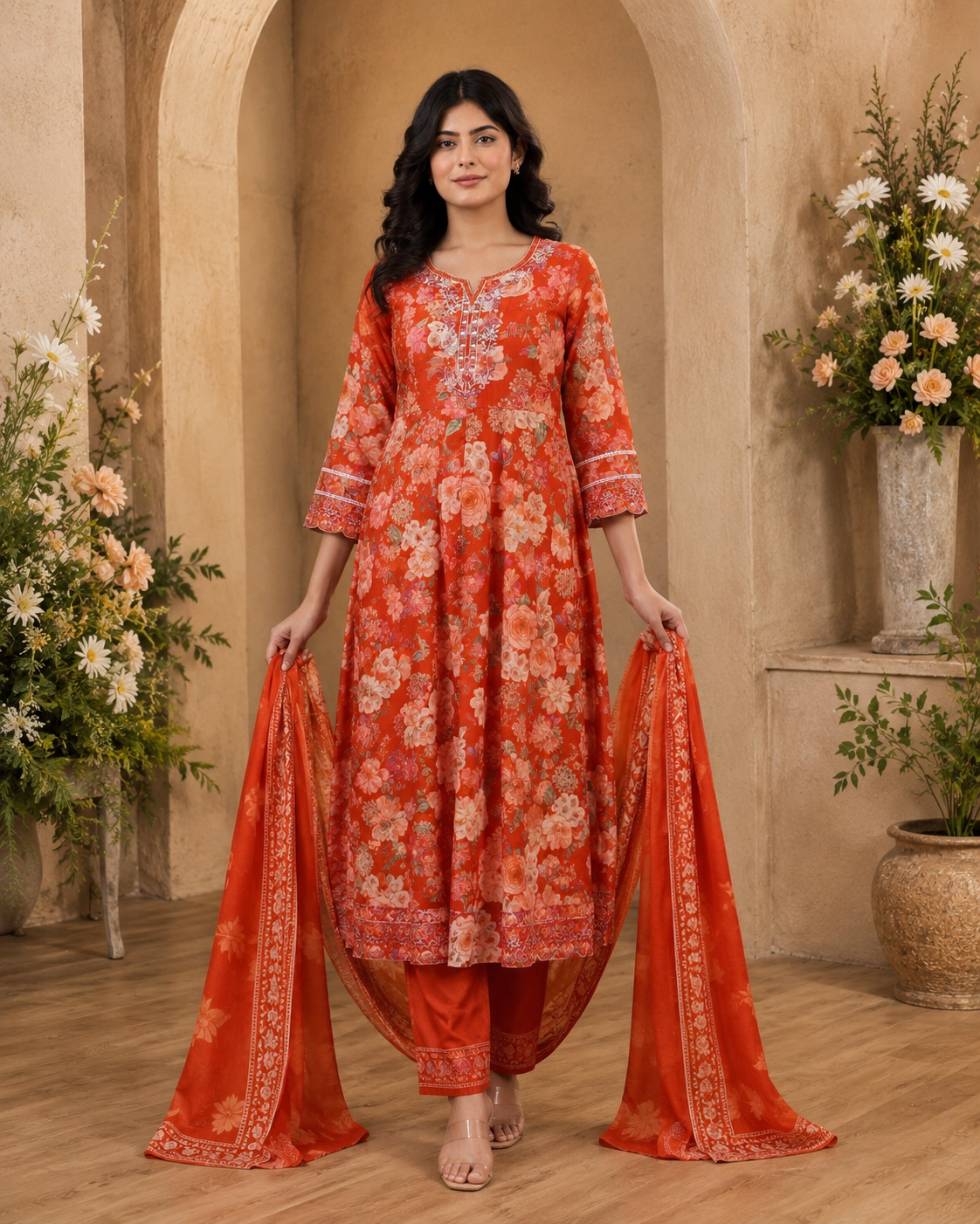 Women's 3-Piece Frock Kurta Set with Palazzo & Dupatta