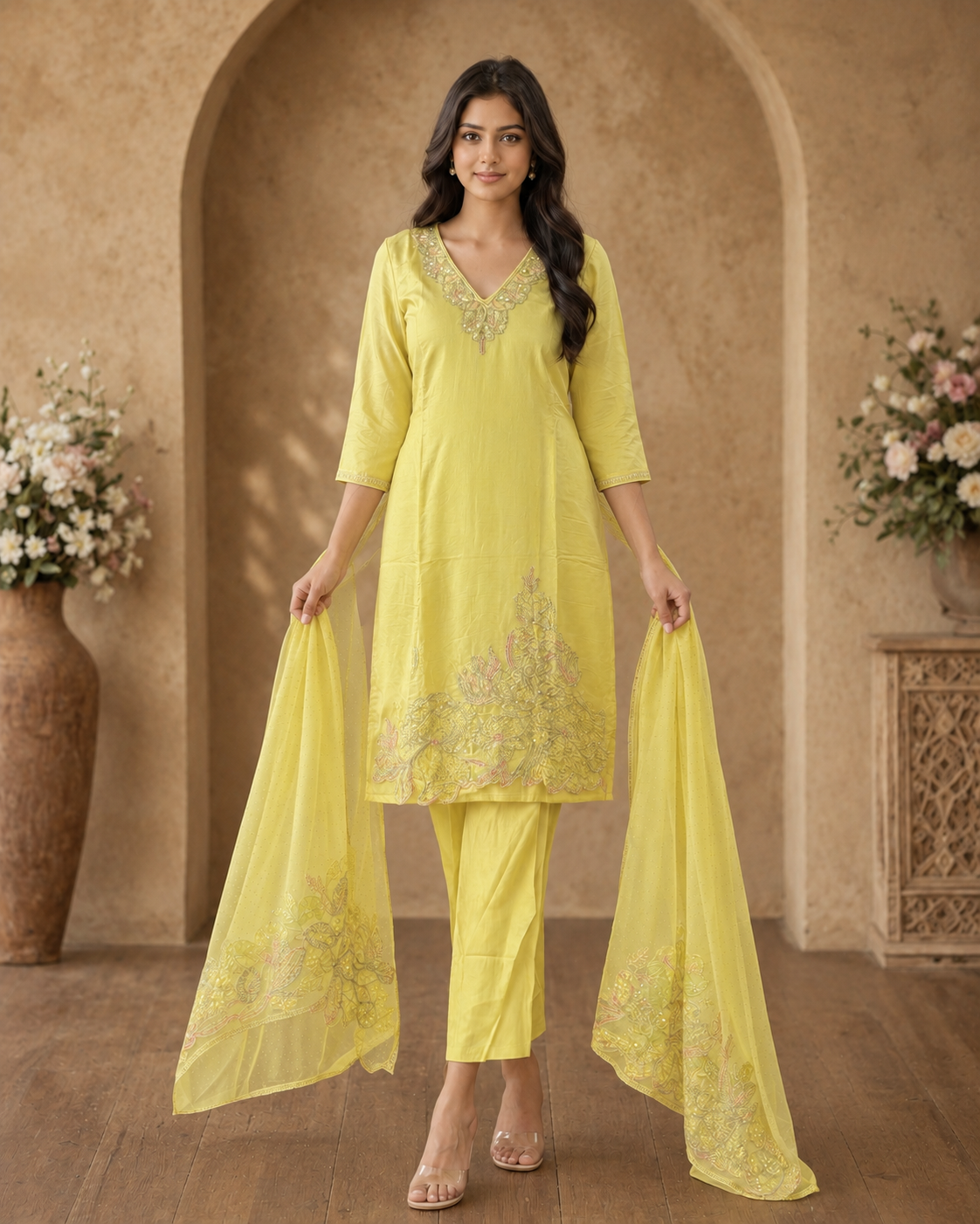 Women's 3-Piece Kurta Set with Palazzo & Dupatta